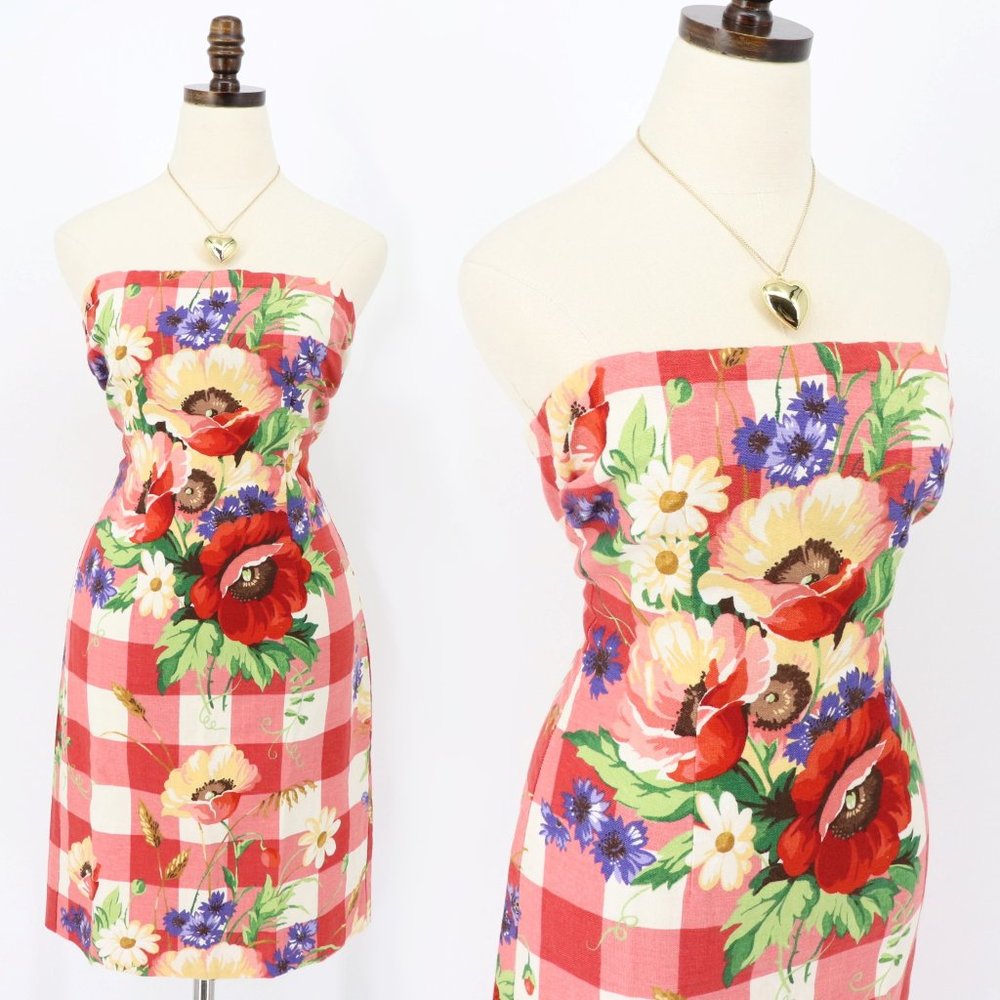 SOLD - Vintage Mica Red Gingham Floral Strapless Mini Dress Cotton/Linen/Silk - Picture 1 of 15